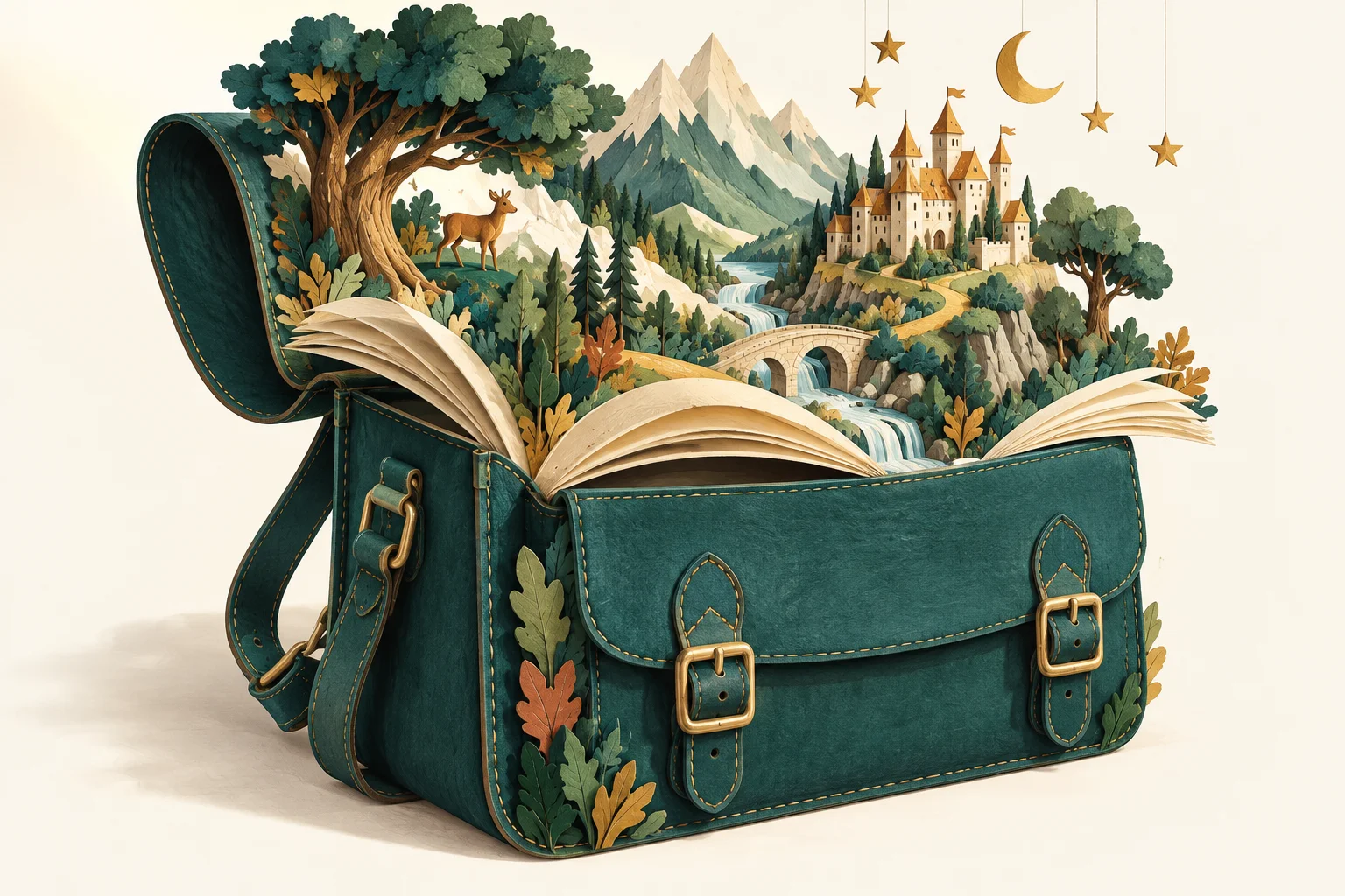 Un cartable ouvert abrite un livre, un château et des chemins à explorer.